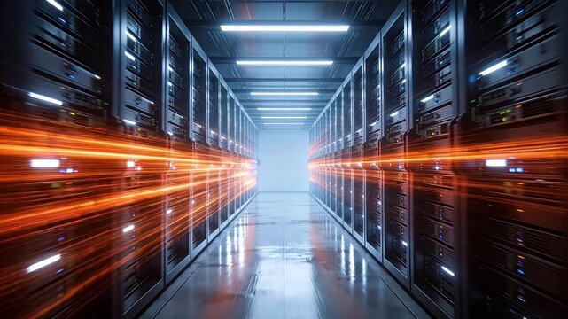 Server room corridor with glowing led lights and reflection