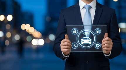 Businessman holding interactive digital screen displaying futuristic car interface with icons for security connectivity fuel and maintenance in a bokeh city night setting autonomous