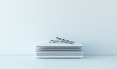 Minimalist stack of paper with metal clip against solid background in studio