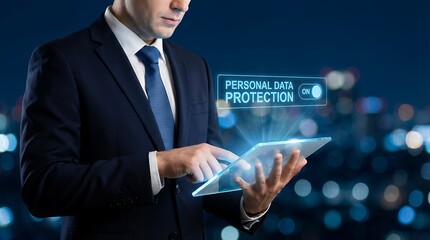 Businessman in a suit using a tablet displaying a glowing interface with PERSONAL DATA PROTECTION activated set against a bokeh city nightscape privacy security personal information