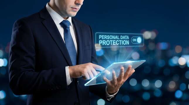 Businessman in a suit using a tablet displaying a glowing interface with PERSONAL DATA PROTECTION activated set against a bokeh city nightscape privacy security personal information - Powered by Adobe