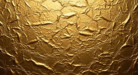 A close-up view of a crumpled golden metallic surface with intricate textures and reflective highlights, creating an abstract background.