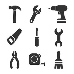 Obraz premium Black silhouette icons of common tools including hammer, wrench, drill, saw, and screwdriver.