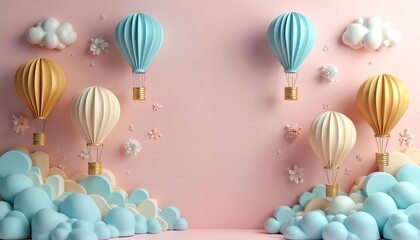 Illustration presents 3D hot air balloons floating over pastel blue clouds on pink backdrop. Golden and white balloons decorated with flowers. Charming image for baby announcement or party.