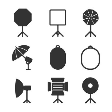 Photography equipment icons set: lights, softboxes, reflectors, stands, umbrella, backdrops.