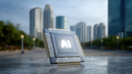 AI microchip glowing on reflective surface in urban plaza with modern skyscraper skyline, futuristic mood