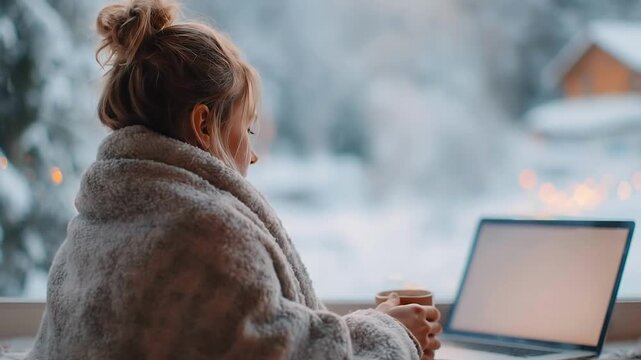 Woman wrapped in a warm blanket working on a laptop by the window with snowy winter landscape outside, cozy home office and remote work lifestyle concept