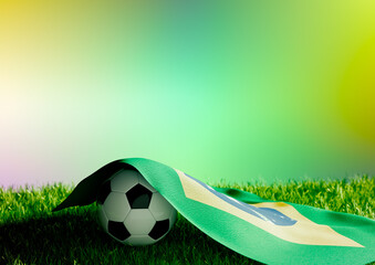 Brazilian soccer banner with space for text, featuring the Brazil flag and a soccer ball on stadium grass