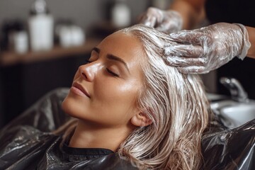Woman enjoys hair treatment in salon with stylist applying color during sunny afternoon