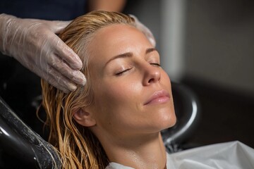 Fototapeta premium Woman receives hair treatment in salon during daytime with stylist applying product to wet hair