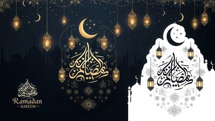 Elegant ramadan greetings with hanging lanterns and crescent moons