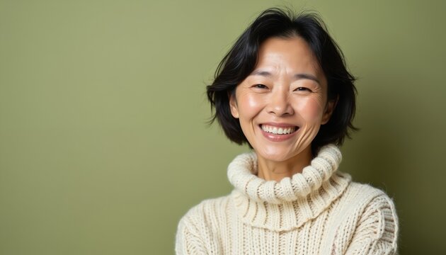 Smiling mature Asian woman with healthy skin wears warm knitted sweater. She has a radiant, happy facial expression. Offers space for text on a plain green background.