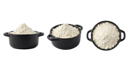 Three Black Bowls Filled With White Flour Isolated on White Background