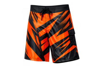 Board shorts featuring vibrant orange and black geometric abstract graphic pattern for beach and athletic summer wear
