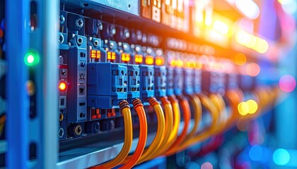 Close-up of glowing control panel with orange wires and blue light.