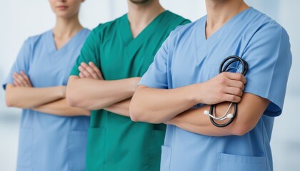 Three Confident Medical Professionals in Scrubs Standing with Arms Crossed, One Holding a Stethoscope