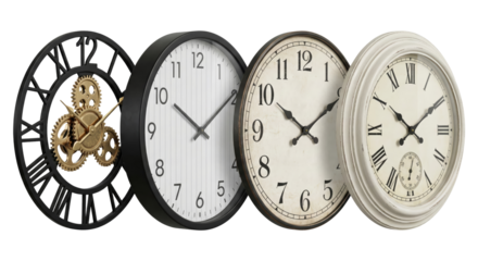 Four Decorative Wall Clocks with Different Styles and Faces