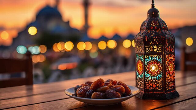 A festive view of lantern and dates during ramadan at sunset time