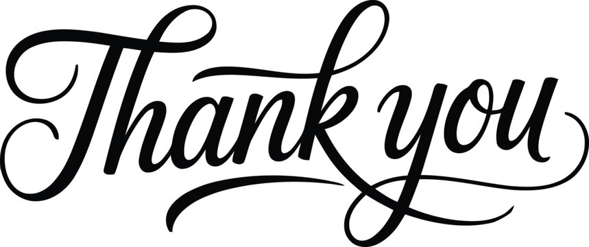 A beautifully handwritten Thank You note with decorative flourishes displayed against a stark white backdrop