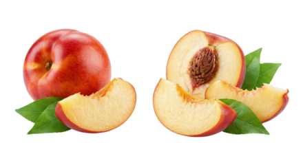 Fresh Nectarine Fruit, Whole and Sliced with Green Leaves, Isolated on White