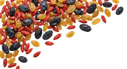 Mixed Dried Fruits Heap: Raisins, Goji Berries, and Currants on White Background