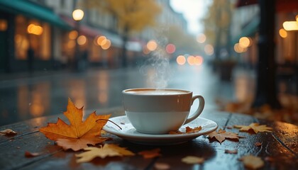 Obraz premium Steaming coffee cup on wooden table with autumn leaves. City street backdrop features rain bokeh lights and overall seasonal mood. Beverage drink espresso in coffee shop scene.
