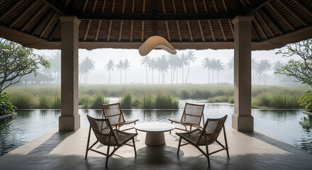 Obraz premium Luxury Tropical Pavilion with Wicker Chairs Overlooking Palm Trees and Morning Fog at Sunrise