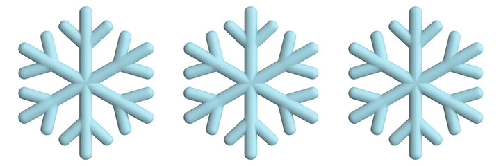 Three stylized pale blue snowflakes arranged in a row against a white background, simple 3D winter icon