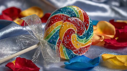 Colorful swirled lollipop with red yellow green blue stripes sugar.