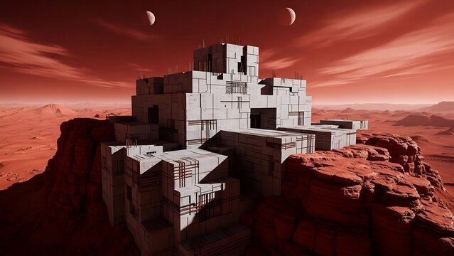 Brutalist fortress structure carved into a Martian landscape under harsh lighting