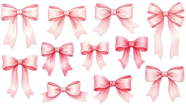 Collection of beautiful watercolor pink bows for elegant decoration and design elements