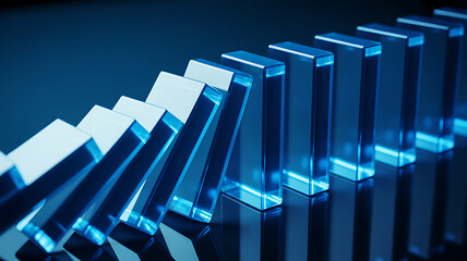 Line of clear glass blocks falling like dominoes, illuminated by blue light on a dark reflective surface, symbolizing chain reaction or collapse
