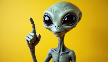 Cute grey alien points finger up on bright yellow background. Funny extraterrestrial smiles, has big black eyes. Sci-fi character is friendly. Space for advertisement copy. Humor and fun.