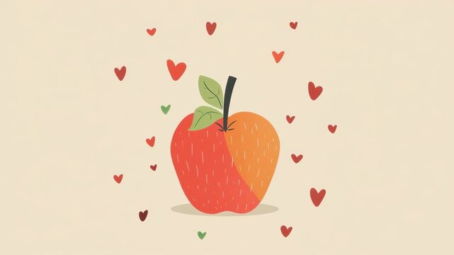 Charming animated apple with floating hearts in a playful movement loop