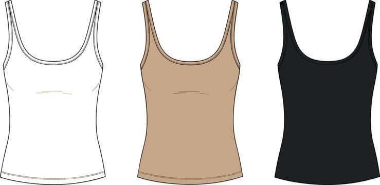 Vector technical fashion flat sketch of women's scoop neck tank top in white, beige, and black colorways.