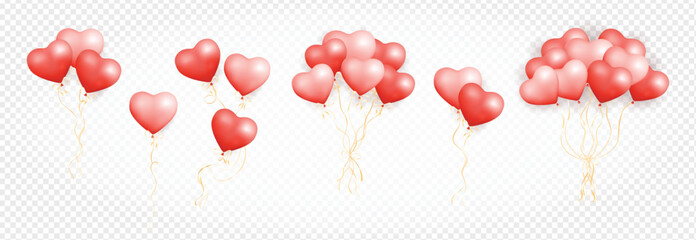Realistic heart shaped red air balloons set isolated on transparent background. Bunch of pastel helium balloons. Set of One, two, three, six and nine 3D heart shaped air balloons © KosaUA