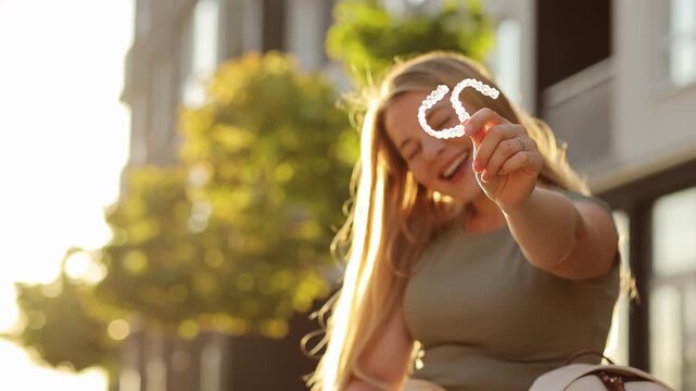 A happy young woman radiates confidence, holding her clear aligners in an outdoor setting. perfect dental health and modern orthodontic care.