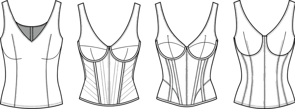Women's Corset and Tank Top Fashion Flat Sketches Vector Illustration Set with Front and Back Technical Views