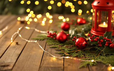 Cozy Christmas scene on a rustic wooden table with a lit lantern, evergreen branches, holly berries, and warm bokeh lights.