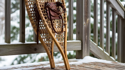 Traditional wooden snowshoes on porch, showcasing winter outdoor equipment for cold weather activities. Rustic snowshoes on porch imply seasonal recreation and adventure for outdoor sports lifestyle.