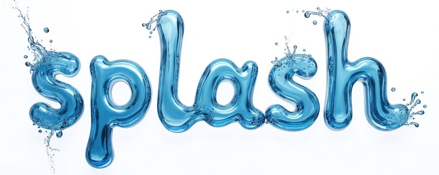 Illustration of the word splash made from water. The blue letters are designed with liquid droplets against a white background. Water art design.