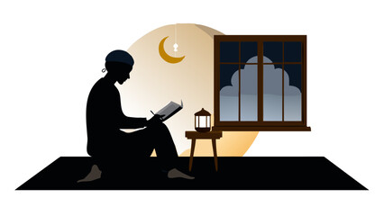 Fototapeta premium A silhouette of a person sitting cross-legged, reading a book (Quran) on a wooden stand. A single lantern provides a warm glow in a dark, peaceful room with a window showing the crescent moon.
