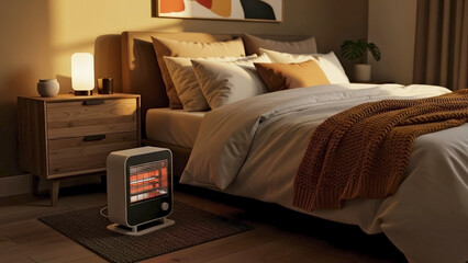 Modern space heater by bed in cozy bedroom, warm lighting illuminates soft bedding. Portable space heater by bed provides gentle warmth on cool evening, next to wooden nightstand.