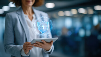 Professional businesswoman holding tablet with digital security shield hologram protecting data and inspiring confidence
