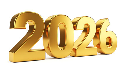 Golden 3D numbers 2026 on white background, shiny and reflective