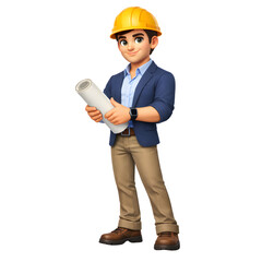 Construction Engineer Holding Rolled Building Plans - AI Generated
