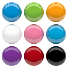 Nine glossy, vibrant colored spheres arranged in a 3x3 grid on a clean white background