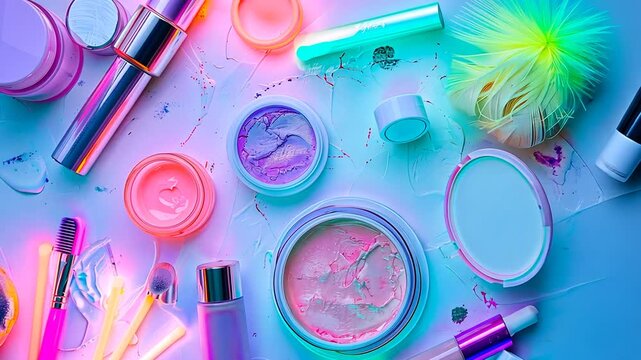 neon lit makeup products flat lay