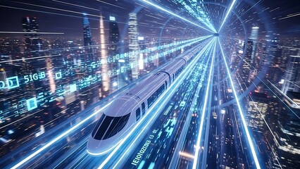 Futuristic cityscape with high-speed train.