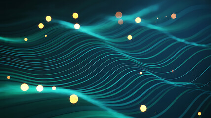 Abstract background with flowing dark green wavy lines and glowing yellow bokeh circles, representing data or energy